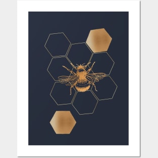 Gold Honey bee with hexagon on navy Posters and Art